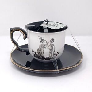 New Potters Studio Victorian Skelton Tea/Coffee Cups w/ Platters, Set of Two